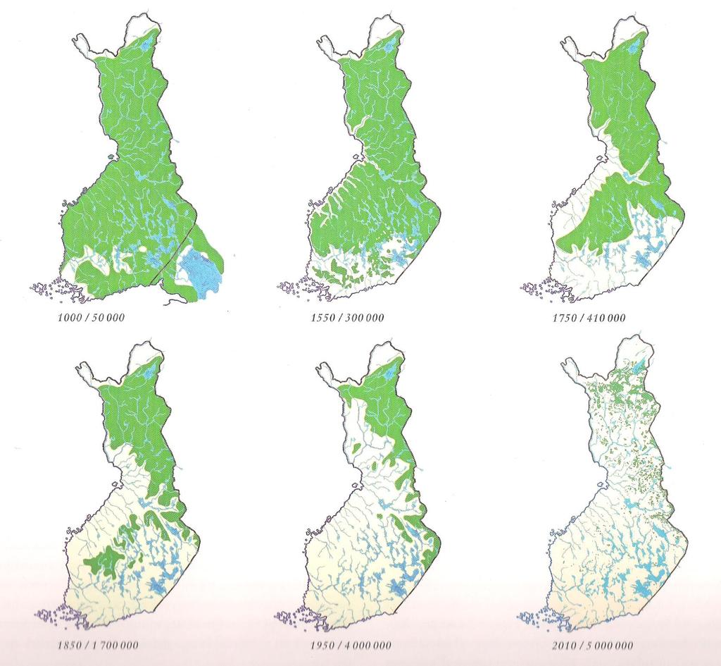 Luonnonmetsät 1850: 50 % 1950: 25 % 2010: 4,4 % Elinympäristön pintaalan pienentyessä kymmenesosaan, puolet lajeista häviää.