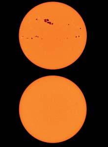 Kuva 1. Nyt aurinko on ollut täysin pilkuton maaliskuusta lähtien (alempi kuva). Auringonpilkkuja oli runsaasti pilkkumaksimin aikoihin maaliskuussa 2001 (ylempi kuva). kuva: NASA.
