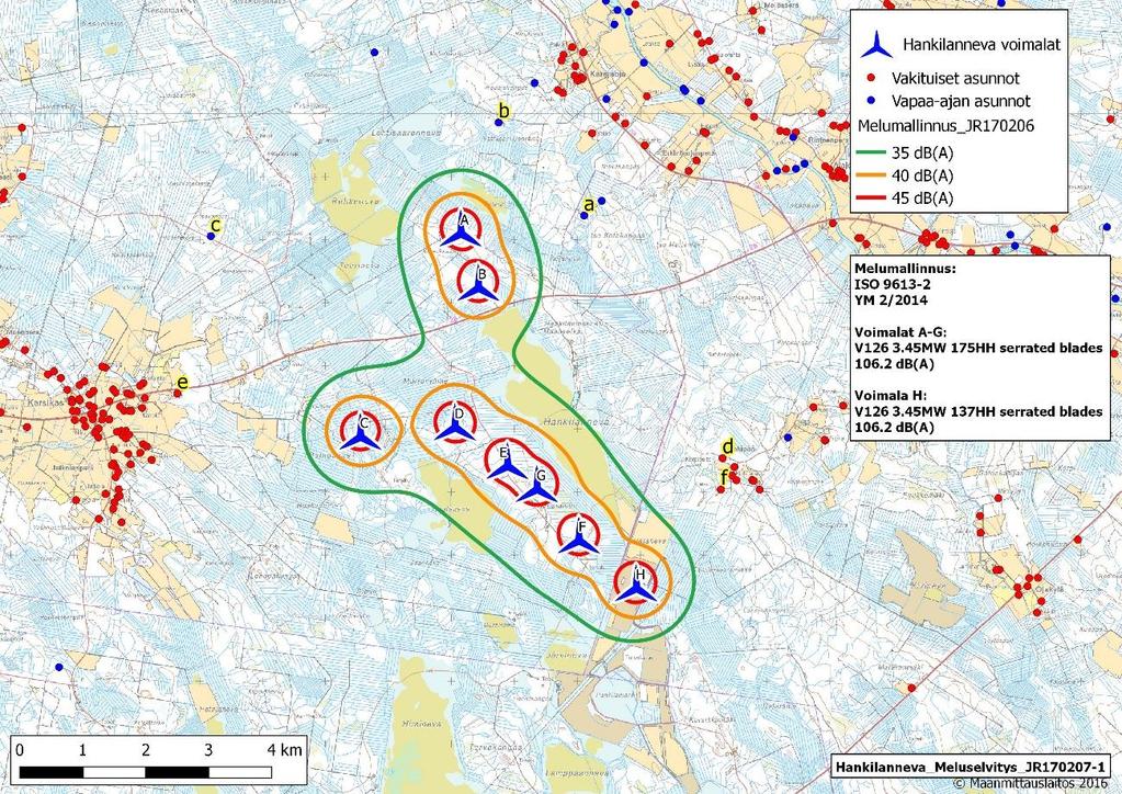 Page 11 of 20 Kuva 2. Hankilannevan tuulivoimapuiston melumallinnus. Kuvaan on merkitty kirjaimin kuusi havainnointipistettä.
