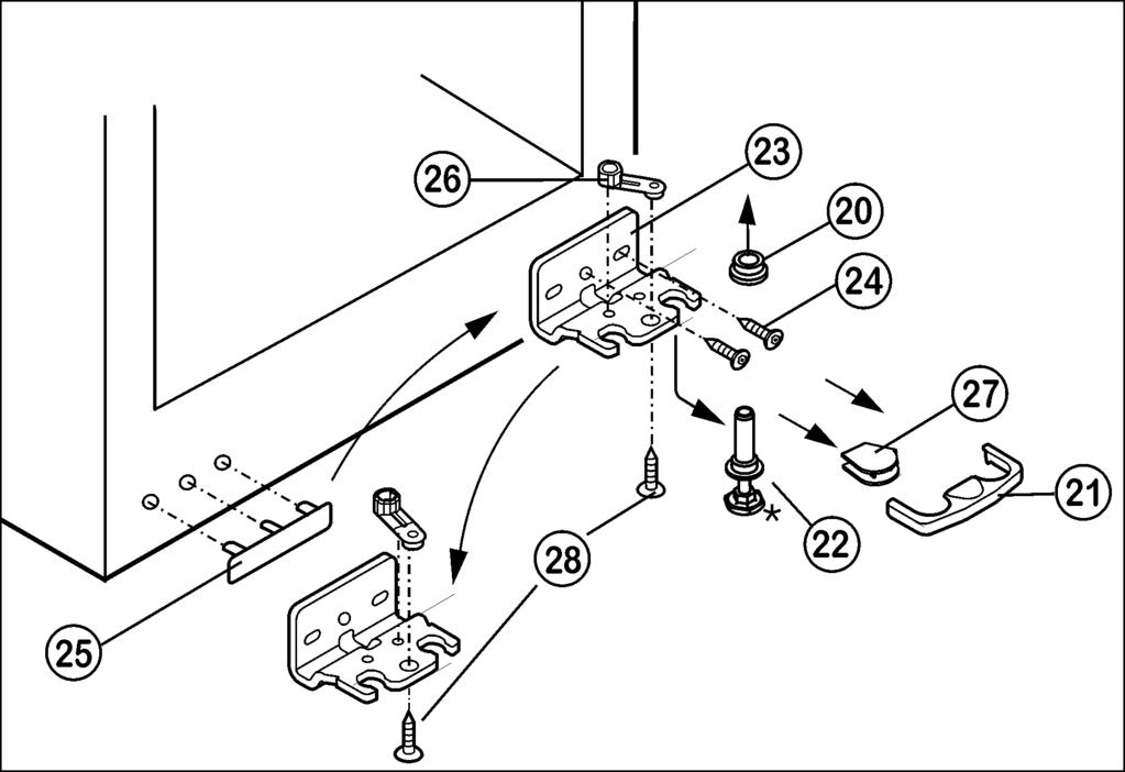 7 (27) på på den modsatte side.* Fig. 9 u Træksikringen Fig. 9 (21)af fremad. u Trækafdækningen Fig. 9 (27) af.* u Skrustillefoden Fig. 9 (22) helt ind. u Tip eventuelt apparatet lidt bagover vha.