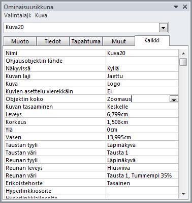 Valittuna Kaikki (All) -välilehti Kuva 91 Kuvan (logo) ominaisuusikkuna Logoa kaksoisnapsauttamalla saat esiin kuvan ominaisuudet.