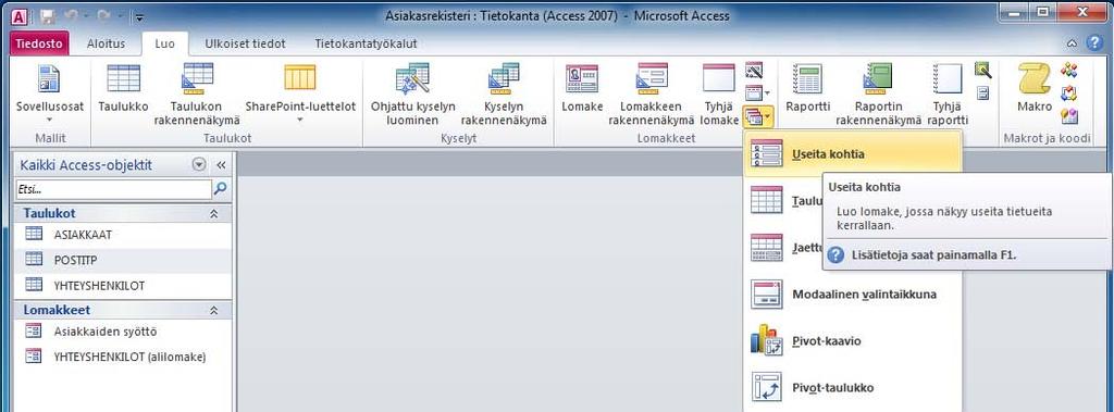 Harjoitustiedosto: Asiakasrekisteri.accdb Lomakkeen luominen suoraan Luo uusi lomake postitoimipaikan syöttämiseen. Lomakkeen tulee sisältää kaikki POSTITP-taulukon kentät.