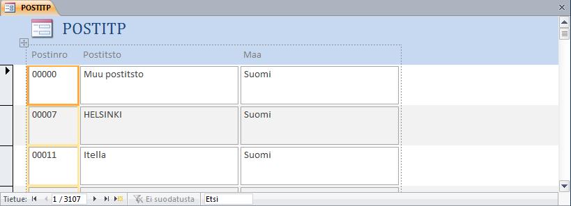 Kuva 103 Uusi lomake Asettelu (Layout View) - näkymässä Näkymässä voit muokata kenttiä. Access käytti lomakkeen luomiseen joitain oletusarvoja; fonttia, lomakekuvaa ja tyyliä.