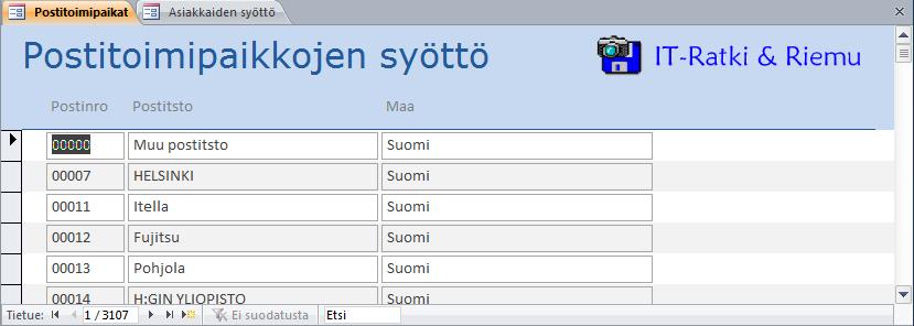 Rakennenäkymä (Design View) -ikkunassa tuotat ylätunnisteeseen logon ja oikean värisen otsikkotekstin kopioimalla ne Asiakastietojen syöttö -lomakkeen ylätunnisteesta.