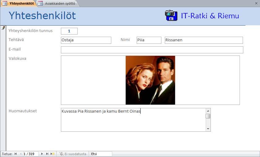 Tehtävä Luo Yhteyshenkilöt-syöttölomake aiemman ulkoasun mukaan. Harjoitustiedosto: Asiakasrekisteri.accdb ja gdrust2.