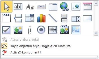 Lomakkeen ohjausobjektit (Controls) Ohjausobjektit ovat tietokannan objekteja joilla tuot näkyviin tietoja tai suoritat toimintoja. Ohjausobjekteilla tehostat lomakkeiden tai raporttien käyttöä.