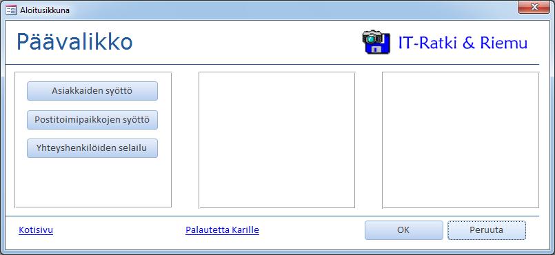 Tehtävä Luo Aloituslomakkeelle painikkeet kaikkiin tärkeisiin tietokantaobjekteihin siirtymiseen.