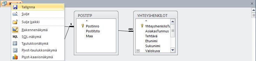 Kuva 130 Kyselyvalitsimen pikavalikko Tallenna kysely