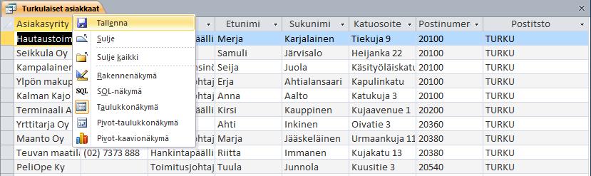 Kyselyn suorittaminen Suorita kysely Rakenne (Design) -välilehden Suorita (Run) -painikkeella.