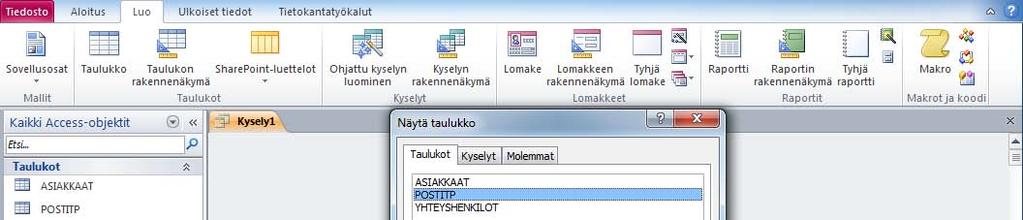 Taulukon luova kysely Uuden taulukon luovaa (Make Table) kyselyä käytetään usein, kun halutaan tiedot toiseen tietokantaan.