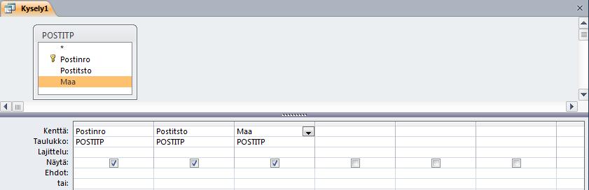 accdb Tee taulukon luova kysely. Tarvitset POSTITP-taulukon kaikkine tietoineen Tuoterekisteri-tietokannassa.
