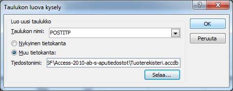 Kuva 151 Taulukon luova kysely (Make Table) - valintaikkuna Kirjoita taulukolle nimi. Valitse Muu tietokanta (Another Database) ja napsauta Selaa (Browse) -painiketta.