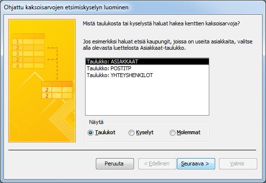 Valittu taulukko Kuva 160 Ohjattu kaksoisarvojen etsimiskyselyn luominen (Find Duplicates Query Wizard) - valintaikkuna Valitse ASIAKKAAT-taulukko ja napsauta Seuraava (Next)