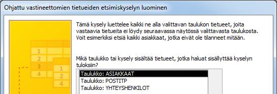 Luo vastineettomien tietueiden etsimiskysely (Unmatched Query), sillä voit tarkastella ASIAKKAATtaulukon tietueita joilla ei ole vastinetta YHTEYSHENKILOT-taulukossa.