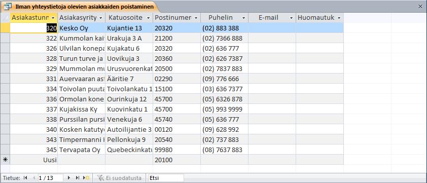 Hakukyselyn määrittely Kuva 187 Hakukyselyn määrittely Valitse kaikki taulukon kentät Shift (Vaihto) + valinnalla ja vedä ne kyselyn määritysalueelle.