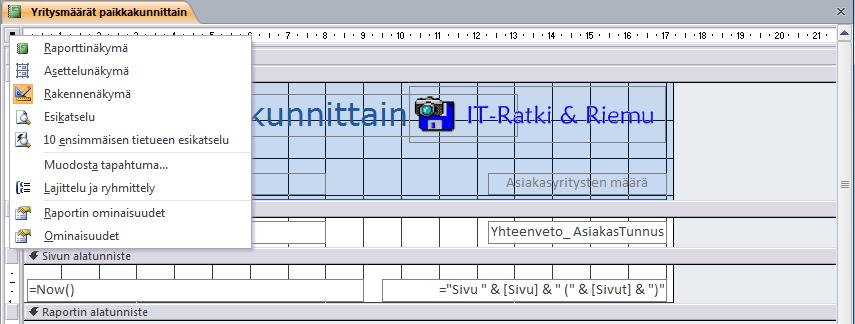 Ryhmittely ja laskenta raportissa Rakenna raportin alatunnisteeseen kenttä, jolla lasket kaikkien yritysten määrän.