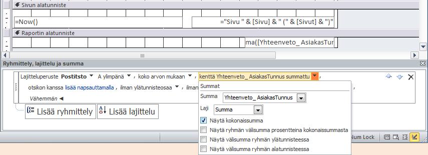 Kuva 199 Summaavan tekijän asettaminen Napsauta auki ei summattuja kenttiä (with no totals) -pudotusvalikko.