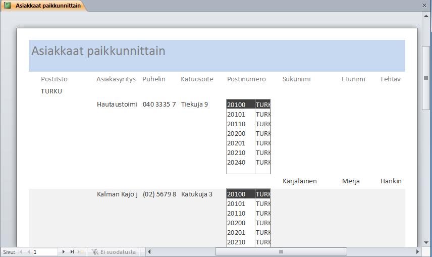 Raportin nimi Kuva 205 Ohjattu raportin luominen, viimeinen vaihe Kirjoita raportille nimeksi Asiakkaat paikkakunnittain ja napsauta Valmis (Finish) -painiketta.