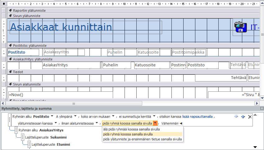 Siirrä Raportin ylätunniste (Report Header) -segmentistä kentät ja logo Sivun ylätunniste (Page Header) -segmenttiin. Määritä Raportin ylätunniste (Report Header) -segmentin korkeudeksi nolla.