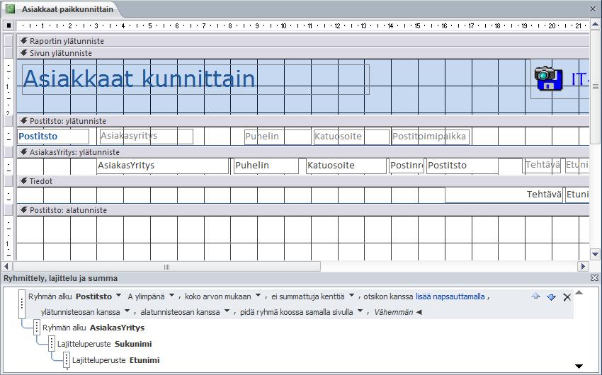 Kumulatiivinen summa Avaa Asiakkaat paikkakunnittain -raportti Rakennenäkymä (Design View) -ikkunaan ja luo raporttiin kenttä kumulatiivisen summan (kertymä tai juokseva summa) laskemiseksi.