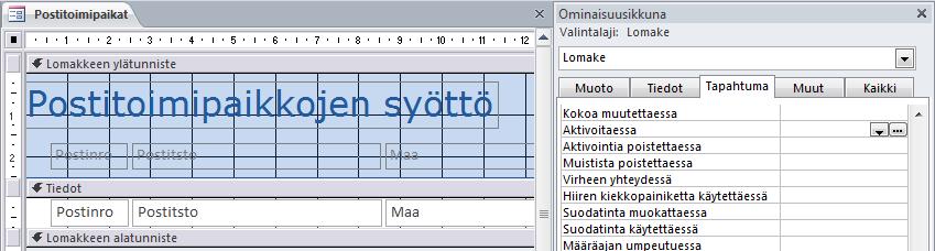 Harjoitustiedosto: Asiakasrekisteri.accdb Upotetun makron luominen Postitoimipaikkojen syöttö -lomake on lähinnä uusien postitoimipaikkojen syöttämistä varten.