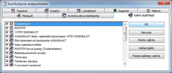 Tietokannan analyysi ja dokumentointi Accessissa on joitakin tietokannan analysointi- ja dokumentointityökaluja. Perehdy työkaluihin seuraavien ohjeiden avulla.