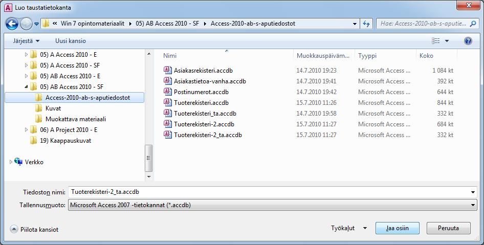 Kuva 264 Luo taustatietokanta (Create Back- end Database) - valintaikkuna Etsi sopiva kansio