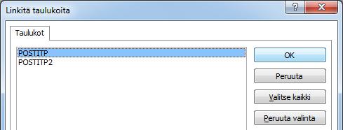 Kuva 268 Linkitä taulukoita (Link Tables) - valintaikkuna Valitse ylempi taulukko ja napsauta OK-painiketta. Nyt navigointipaneelissa näkyy uusi POSTITPtaulukko.