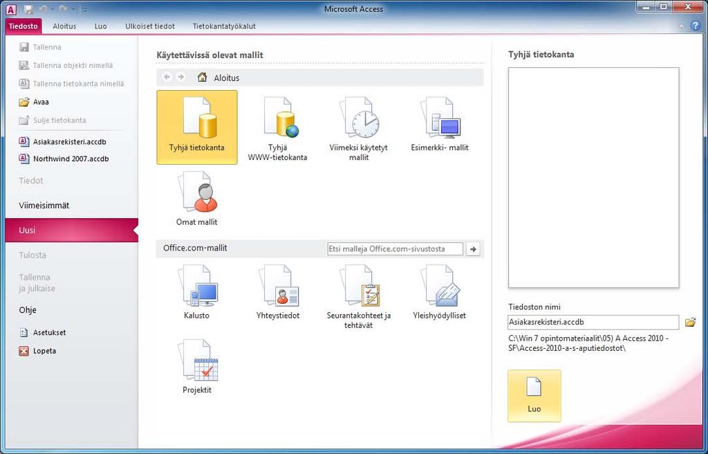 Tiedoston luominen Tietokannan luominen Access 2010 Tietokantatiedoston perustaminen tapahtuu hieman toisin kuin muissa ohjelmissa tiedoston perustaminen.