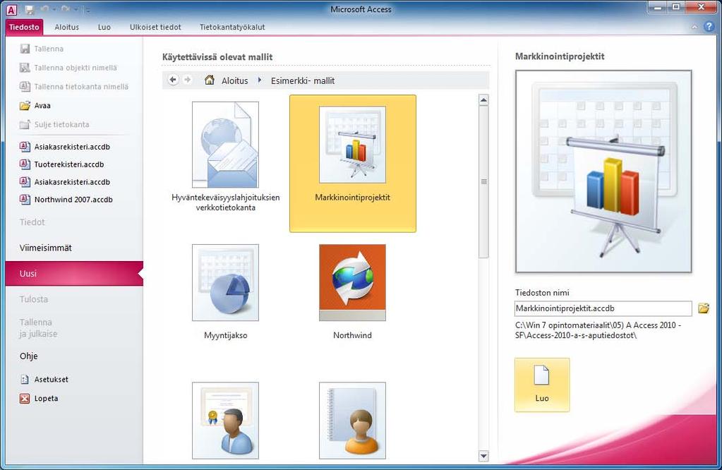 Uusi tietokanta mallia käyttäen Aloitusikkunassa voit luoda uuden tietokannan myös valmista mallia apuna käyttäen.