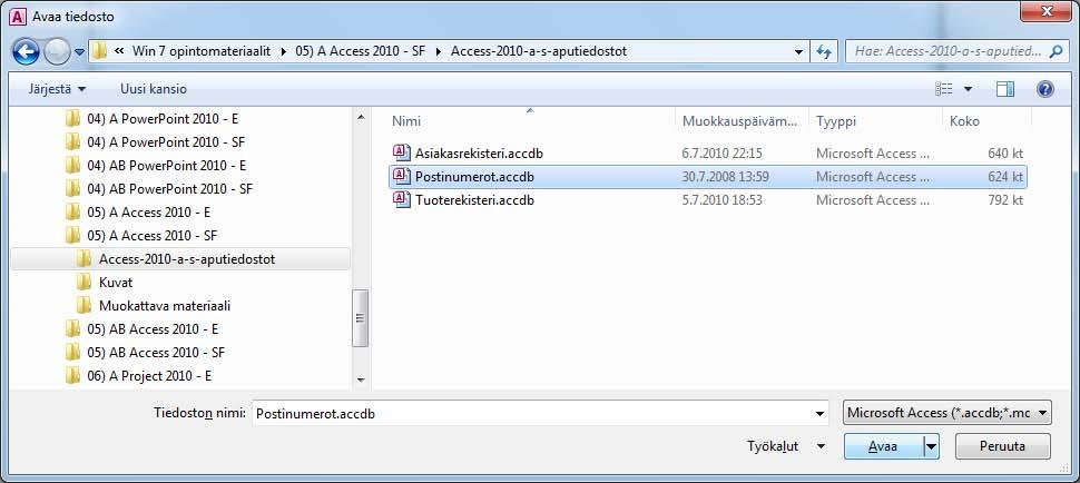 Tietokannan sijainti levyllä, polku Kuva 49 Avaa tiedosto (File Open) - valintaikkuna Etsi Postinumerot tietokanta omasta kansiorakenteestasi.