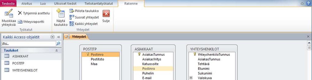 Harjoitustiedosto: Asiakasrekisteri.accdb Taulukoiden riippuvuudet Taulukot perustettuasi ja tarkastettuasi siirry yhteyksiä luodaksesi Tietokantatyökalut (Database Tools) -välilehdelle.