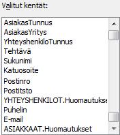 Kaksi samannimistä kenttää, mutta eri taulukoista Kuva 81 Lomakkeelle valitut kentät Kuvassa näet Valitut kentät (Selected Fields) -luettelon kun