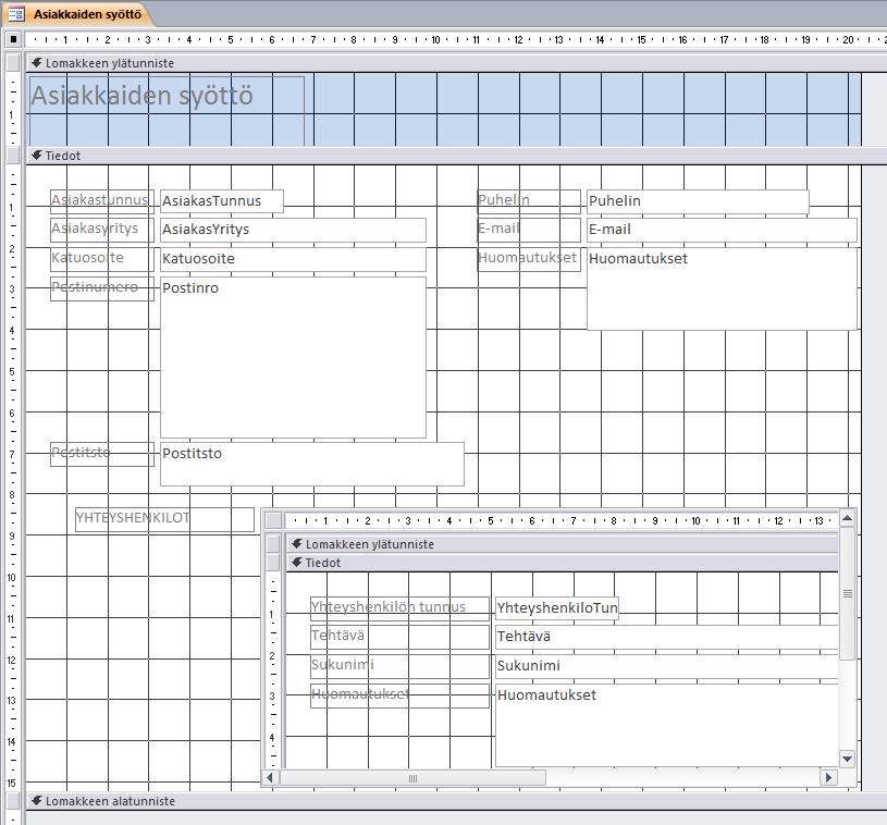 Harjoitustiedosto: Asiakasrekisteri.accdb Lomakkeen muokkaaminen Kuva 86 Lomake rakennenäkymässä Valmis syöttölomake Rakennenäkymä (Design View) -näkymässä.