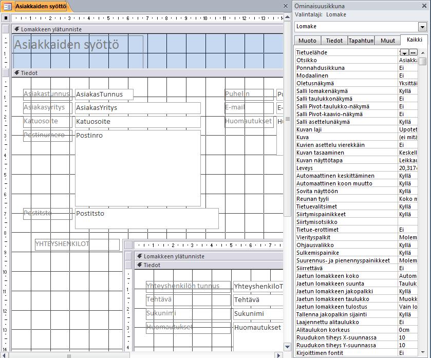 Lomakkeen ominaisuudet Lomakkeen ominaisuudet ikkunan saat auki napsauttamalla lomakkeen vasemman yläkulman valintaneliön pikavalikosta Ominaisuudet (Properties) -komentoa.