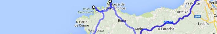 varmaan vähemmän väkeä. 08:30 Lähtö hostellilta, matka 110 km, aika 01:40 tunti, Finisterren (Cabo Fisterra) majakalla 1:15 min.