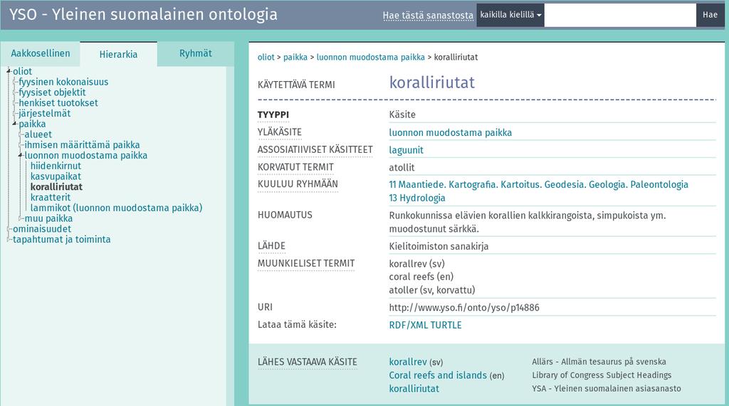 Linkitettyjen käsitteiden näyttö esim.