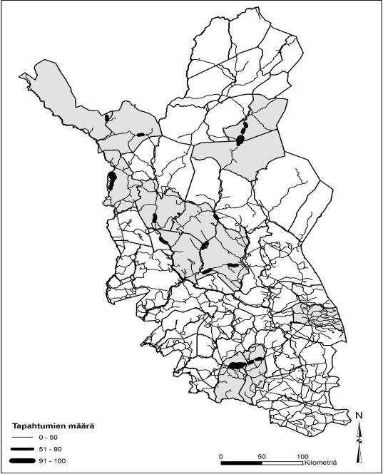 ERITYINEN PORON- HOITOALUE (7) Muonio MUU PORON- HOITOALUE (8) Tutkimuksen kolaripaliskunnat (harmaalla), tiestö ja pahimmat tieosuudet (mustalla) (Nieminen 2012).