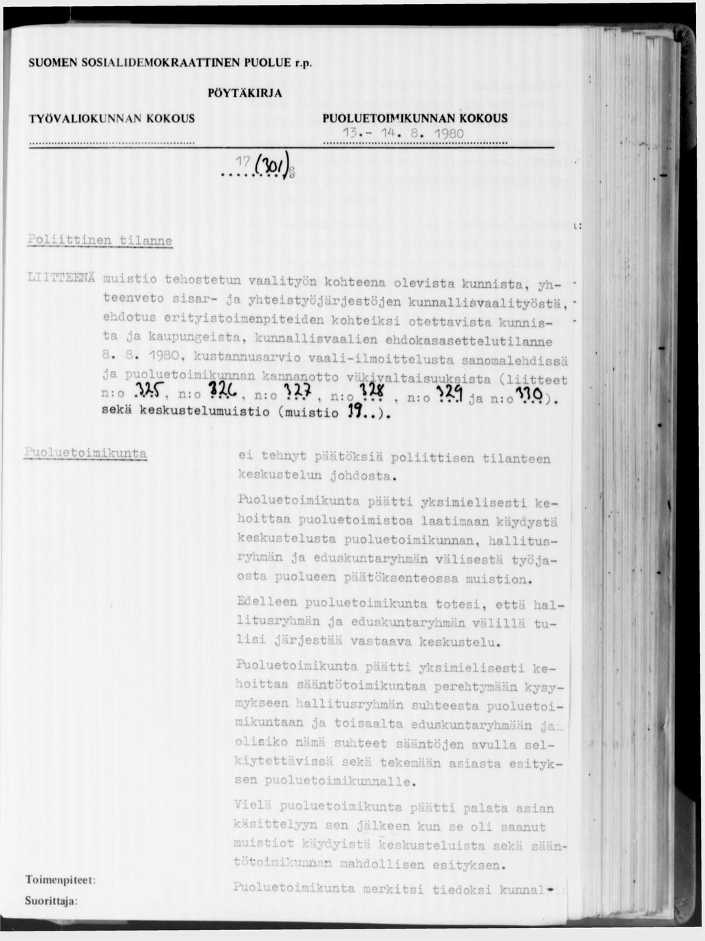1 % - 1 4. 3. "I960 17 m ioliittinen tilanne L. jreettä muistio tehostetun vaalityön kohteena olevista kunnista, yhteenveto sisar- ja yhteistyöjärjestöjen kunnalliévaalityöstä, e.к.