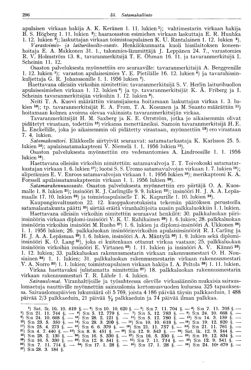 296 35. Satamahallinto OXJO apulaisen virkaan hakija A. K. Keränen 1. 11. lukien 1 ); vahtimestarin virkaan hakija B. S. Högberg 1.11. lukien 2 ); haaraosaston esimiehen virkaan laskuttaja E. R.