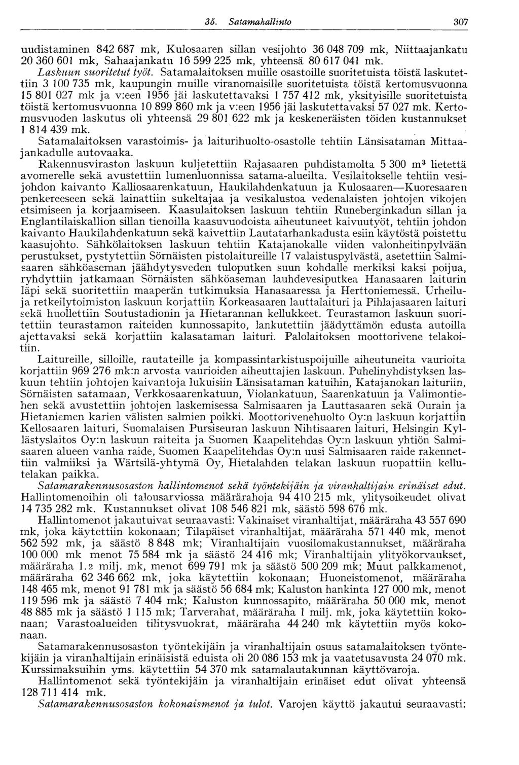 35. Satamahallinto OXJO uudistaminen 842 687 mk, Kulosaaren sillan vesijohto 36 048 709 mk, Niittaajankatu 20 360 601 mk, Sahaajankatu 16 599 225 mk, yhteensä 80 617 041 mk. Laskuun suoritetut työt.