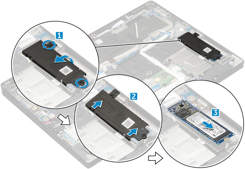 3 Kiinnitä akku tietokoneeseen M 2 x 4L -ruuveilla. 4 Asenna seuraavat: a b Rungon suojus SD-kortti 5 Noudata Tietokoneen sisällä työskentelyn jälkeen -kohdan ohjeita.