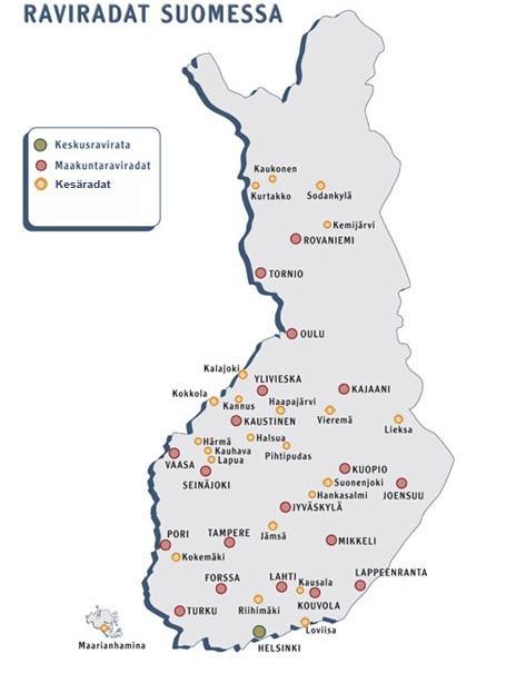 9 Suomessa järjestetään raveja vuoden jokaisena päivänä pois lukien Jouluaatto ja Joulupäivä. Raviradat on luokiteltu keskusravirataan [päärata], maakuntaratoihin sekä kesäratoihin (kuva 2).