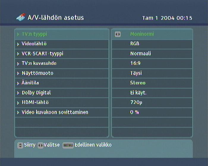 3.2 Video- ja ääniasetukset 17 Säädä video- ja ääniasetukset valitsemalla valikko Järjestelmän asetukset > A/V-lähdön asetus. 3.2.1 Teräväpiirtotelevisio Digitaalinen vastaanotin tukee useita videoresoluutioita välillä 576 1080.