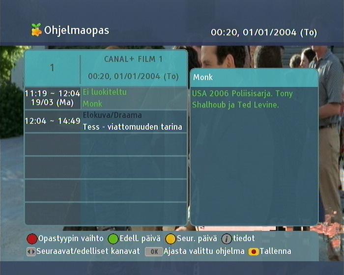 46 Tallennus ja toisto 7.1.4 Tallennus ohjelmaoppaan avulla Jos kanavasta, jonka haluat tallentaa, on annettu tiedot ohjelmaoppaassa, voit asettaa ajastimen tallentamaan sitä seuraavasti: 7.1.5 Tallennus ajansiirtoa käyttäen 1.