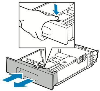 Paperit ja muu tulostusmateriaali 2. Säädä paperin pituus- ja leveysrajoittimia kuvan mukaisesti. 3. Jos haluat pidentää alustaa Legal-kokoista paperia varten, paina vihreää vipua ja vedä alusta ulos.