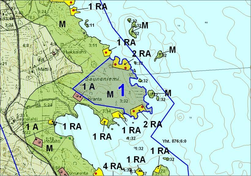 Kaavamerkinnät: RA M Loma-asuntojen alue. Aikaisemmat päätökset Olemassa oleva lomarakennus Uusi lomarakennus Maa -ja metsätalousvaltainen alue.