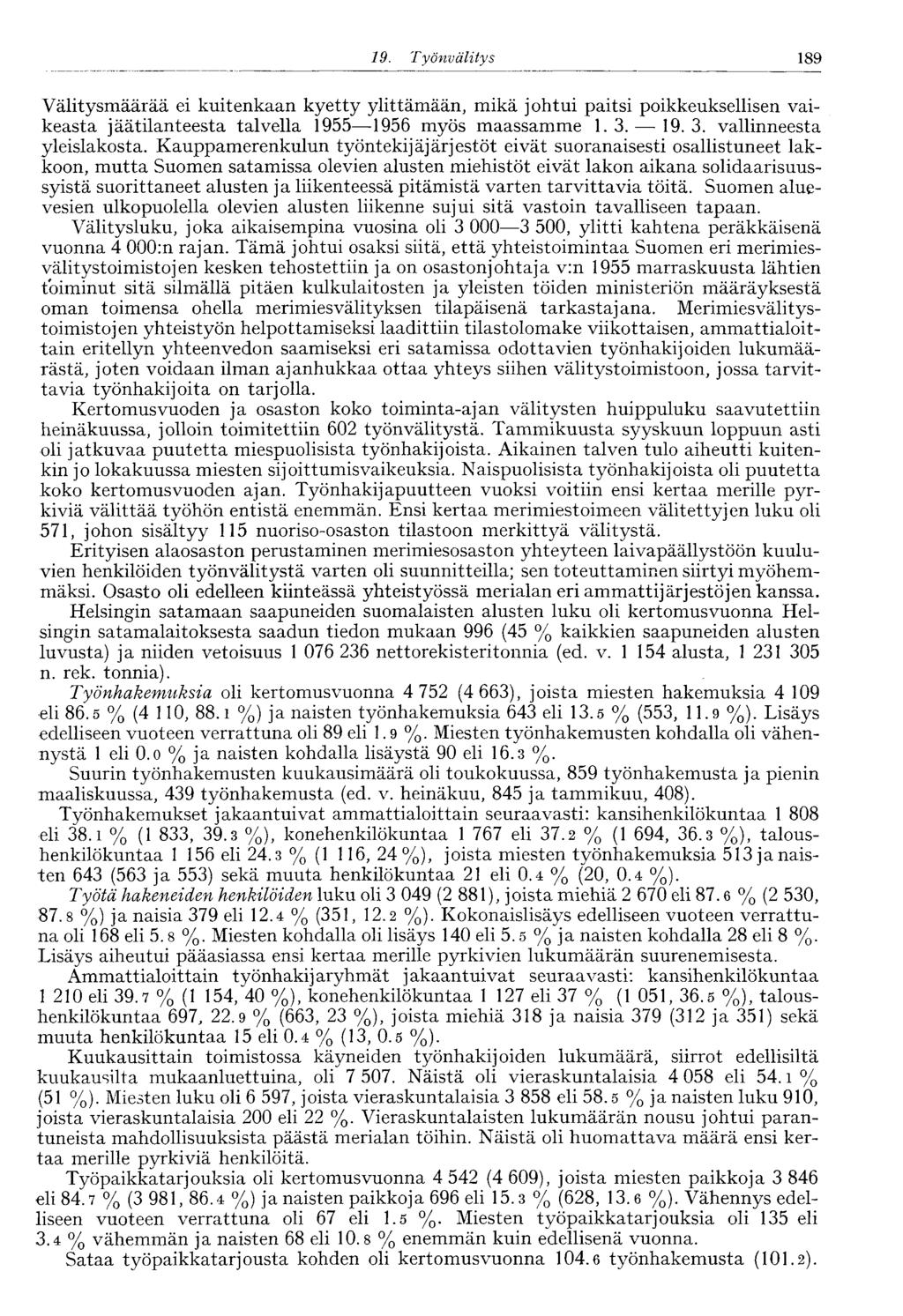 19. Työnvälitys 189 Välitysmäärää ei kuitenkaan kyetty ylittämään, mikä johtui paitsi poikkeuksellisen vaikeasta jäätilanteesta talvella 1955 1956 myös maassamme 1.3. 19.3. vallinneesta yleislakosta.