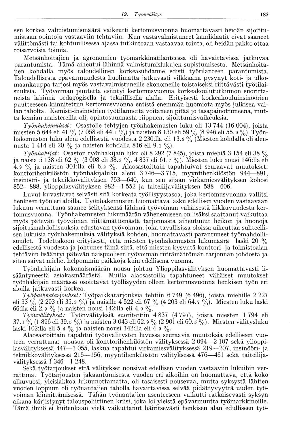 19. Työnvälitys 183 sen korkea valmistumismäärä vaikeutti kertomusvuonna huomattavasti heidän sijoittumistaan opintoja vastaaviin tehtäviin.