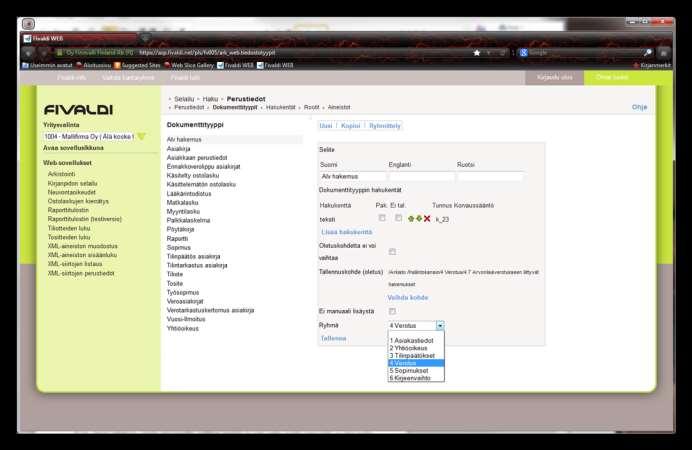 4.5 Dokumenttityyppi Fivaldi arkistossa on määritelty valmiiksi yleisimmät dokumenttityypit. Tarvittaessa niitä voidaan kuitenkin muokata.